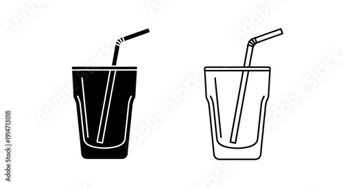 Two glasses with drinking straws, one empty, one full, black and white Vector