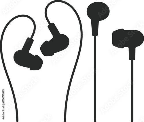 Silhouette illustration of four earphones in different designs, including in-ear monitor style and traditional wired earbuds, isolated on white background for audio, music, and technology concepts.