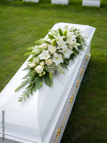 Flowers gently sprinkled onto a white coffin resting in an open grave during a solemn burial ceremony. Farewell moment.