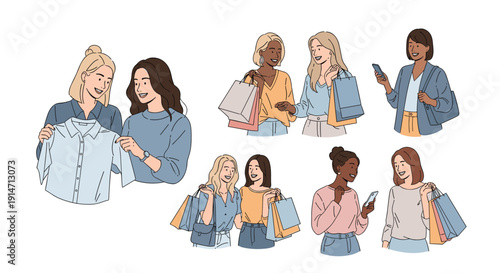 Collection of female characters shopping for clothes with bags and mobile phones illustrates consumerism and fashion retail therapy.