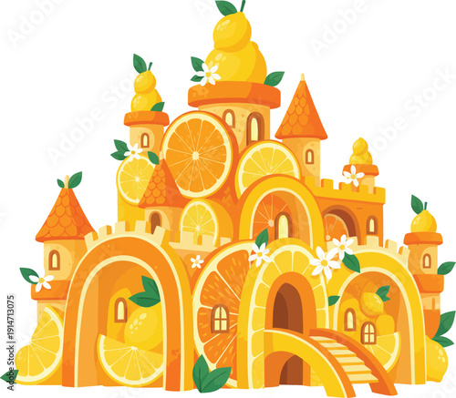 A vibrant, fantastical castle constructed from oranges and citrus fruits, viewed from a slight angle.