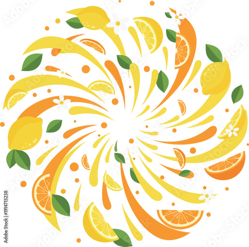 Vibrant citrus fruits exploding in a dynamic spiral motion, showcasing lemons, oranges, and leaves from a central viewpoint