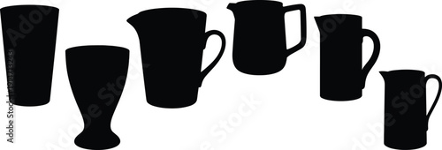 Silhouette illustration of six different drinking vessels and pitchers, including glasses, goblets, and handled containers, isolated on white background for beverage, kitchenware, and design concepts.