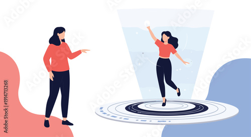 Woman interacting with futuristic hologram of dancing person on digital platform represents virtual reality and advanced technology.