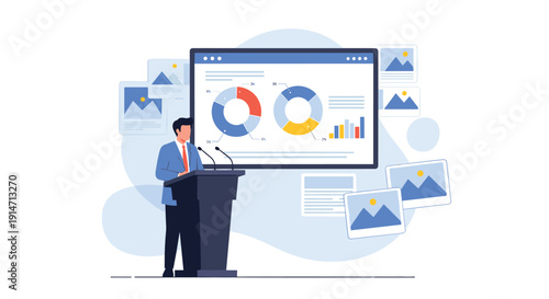Professional speaker delivering keynote presentation with data visualizations on large screen for audience at business conference.