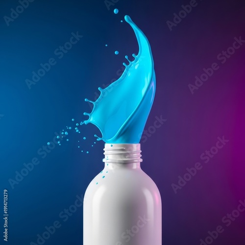 Vibrant blue liquid splashing out of white bottle