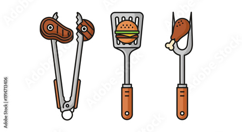 Set of cartoon tongs, spatula, and fork with grilled food.