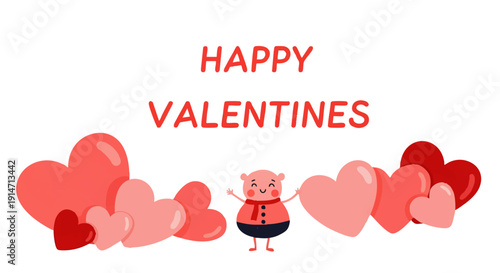 An endearing cartoon character, a little pig, joyfully surrounded by a vibrant collection of red and pink hearts, celebrating love and affection in a charming illustration