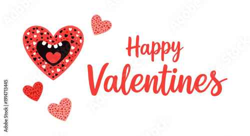 Quirky and joyful Valentine's Day heart illustration with a playful smile, surrounded by small decorative hearts, perfect for expressing love and celebration through vibrant graphic design