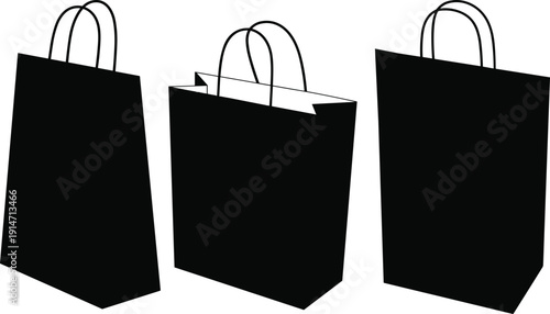 Silhouette illustration of three shopping bags with handles, shown from different angles including one slightly open, isolated on white background for retail, packaging, and branding concepts.