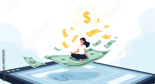 Peaceful woman meditating on giant dollar bill floating above tablet with money rain represents financial freedom and abundance.