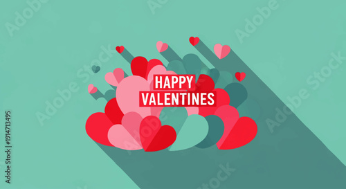 Stylized flat design illustration celebrating romance and affection with a cluster of vibrant red and pink hearts, perfect for Valentine's Day greetings