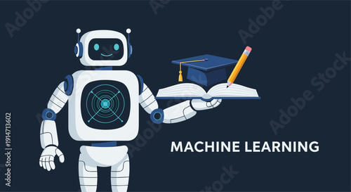 Friendly robot holding graduation cap and open book represents machine learning and the future of automated education and learning.
