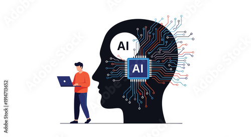 Developer using laptop next to giant human profile head filled with electronic circuits represents artificial intelligence engineering.