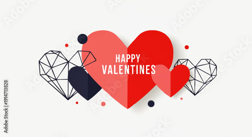 Stylish graphic illustration for Valentine's Day featuring a charming composition of flat and geometric hearts, perfect for romantic celebrations and greetings