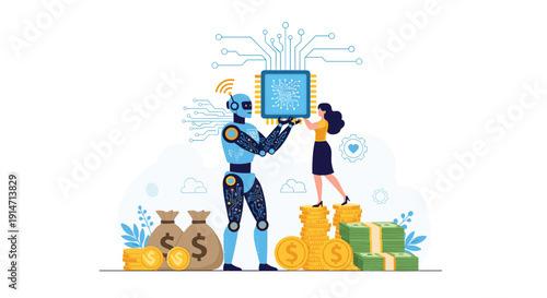 Artificial intelligence and human collaboration in financial technology showing a robot and professional woman holding a large microchip.