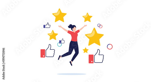 Happy young woman jumping in the air surrounded by five-star ratings and thumbs-up symbols representing excellent customer satisfaction.