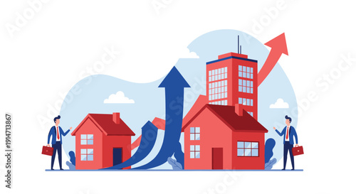 Real estate market growth concept featuring professional businessmen standing by residential properties with rising financial success arrows.