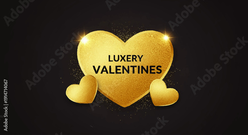 Golden Heart with Text "Luxury Valentines" Surrounded by Small Hearts and Glitter on a Dark Background