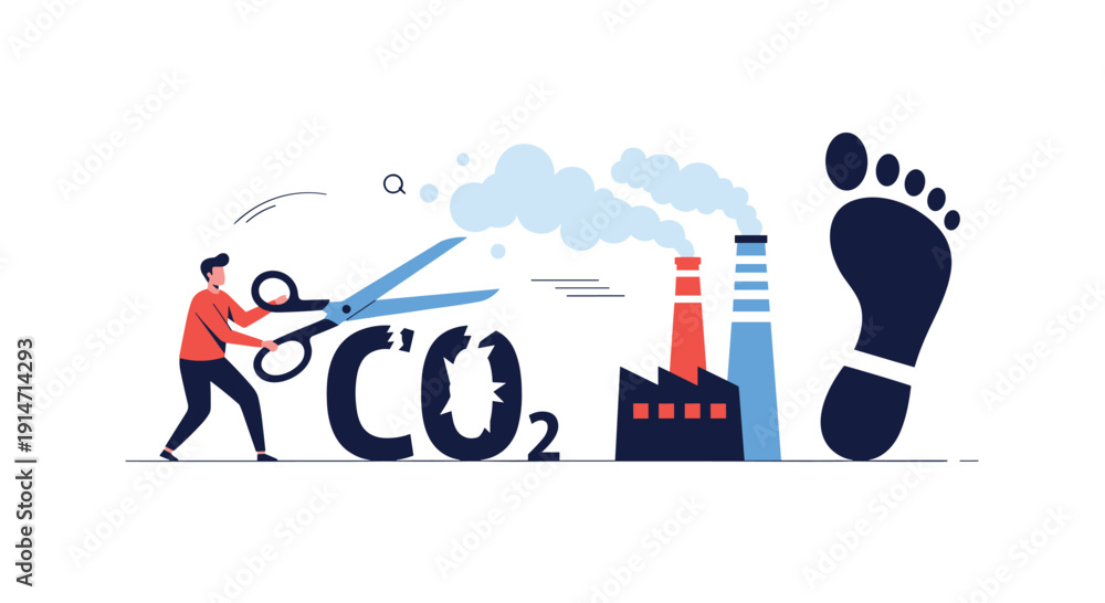 Fototapeta premium Environmental protection concept showing a man cutting the word CO2 with scissors near smoking factory chimneys and a carbon footprint.