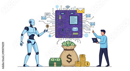 Advanced technology integration in financial management featuring a robot and human technician with a large electronic circuit board.