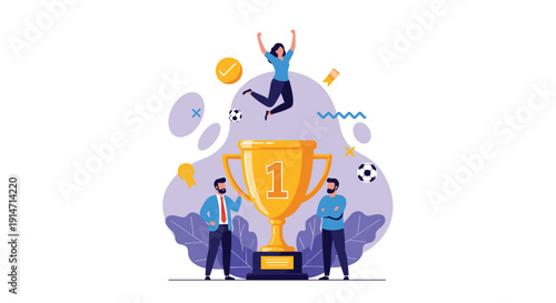 Celebrating business success with a giant gold trophy and a team of diverse professionals showing victory and achievement.