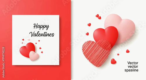 Sweet collection of romantic hearts in red and pink tones, combined with a festive greeting card layout, ideal for Valentine's Day celebrations and expressing heartfelt affection