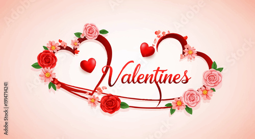 Romantic Valentine's Day greeting design featuring elegant script 'Valentines' text framed by decorative floral hearts and delicate roses, celebrating love and affection