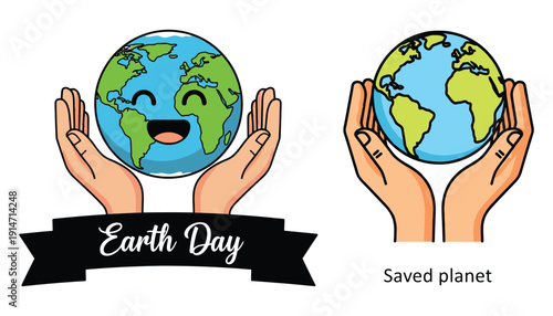 Cute earth day icons: hands holding smiling planet and saved globe