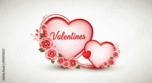 Romantic Valentine's Day illustration featuring two loving hearts intertwined with delicate pink and red roses, perfect for expressing affection and celebrating special moments of love