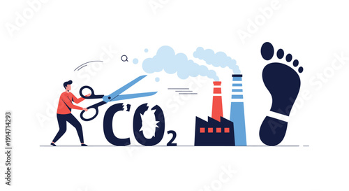 Environmental protection concept showing a man cutting the word CO2 with scissors near smoking factory chimneys and a carbon footprint.