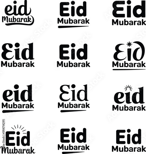 Eid Mubarak Greeting Set: Black Vector Typography and Minimalist Lettering Icons