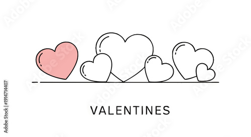 A charming collection of minimalist heart outlines with a single pink filled heart, perfect for Valentine's Day celebrations, love, and romantic themes, set against a clean white background