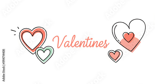 Whimsical hand-drawn hearts in a delightful coral and mint color palette, celebrating the essence of love and romantic affection for Valentine's Day designs and greeting cards