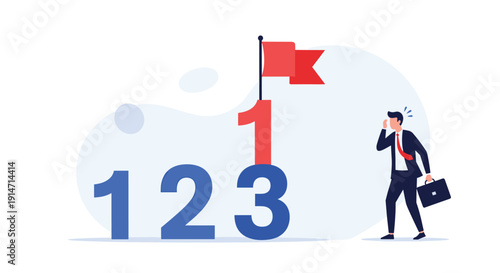 Successful businessman reaching his career goal as represented by a flagpole on the number one spot among sequential digits.