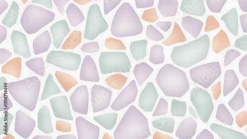 Irregular mosaic pattern of pastel colored geometric shapes on a white background