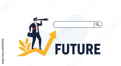 Visionary businessman standing on a growth arrow and using a telescope to look towards the future and a digital search bar.