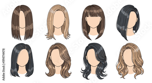 Variety of women's hair styles and colors including bob cuts, long waves, and straight styles in blonde, brown, and black.