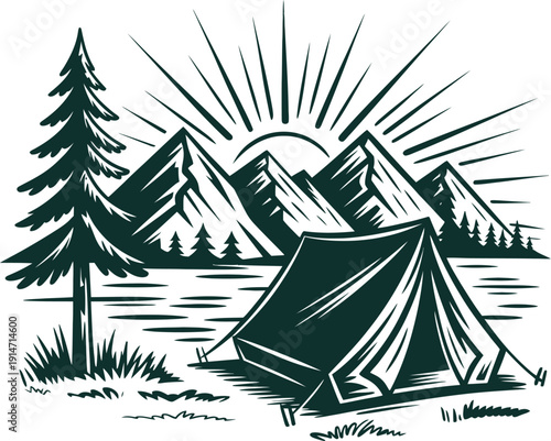 A tent camped near a lake with mountains and trees under a rising sun camping