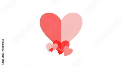 Vibrant abstract illustration of a central heart split in shades of red and pink, gracefully accompanied by a cluster of smaller hearts, evoking feelings of love, romance, and deep affection