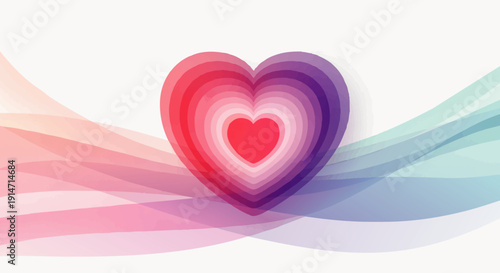 Vibrant Layered Gradient Heart Design, elegantly set against a backdrop of soft, flowing abstract waves, symbolizing deep love, romance, and heartfelt connection