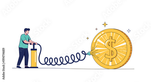 Financial inflation concept featuring a man using a manual hand pump to blow up a massive gold dollar coin with air.