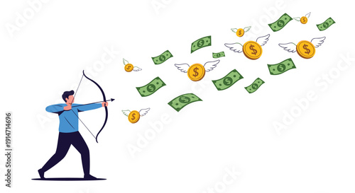 Determined businessman archer aiming a bow at flying money bags and coins with wings to represent financial goal targeting.