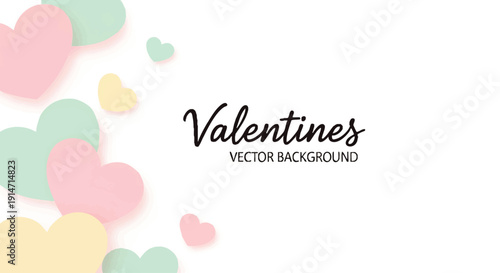 Delicate pastel hearts in soft pink, mint, and yellow shades gracefully scattered across a pure white background, embodying love and tenderness for romantic designs and heartfelt celebrations