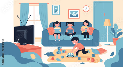 Group of young children are playing with digital tablets and toy cars in a cozy living room while the television is on.