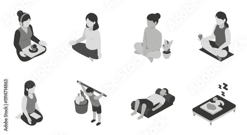 A calm woman kneeling while using a tablet, ideal for wellness apps or lifestyle content.