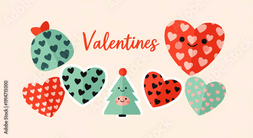 Whimsical Valentine's Day Illustrations Featuring Hearts and a Cute Christmas Tree Character in a Patterned Design