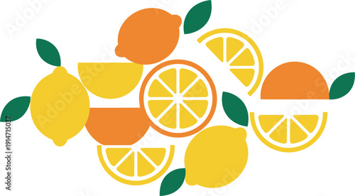 Assortment of citrus fruits including lemons and oranges arranged with leaves on a clean white background