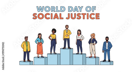 Diverse people standing on blocks representing equality and fairness on World Day of Social Justice