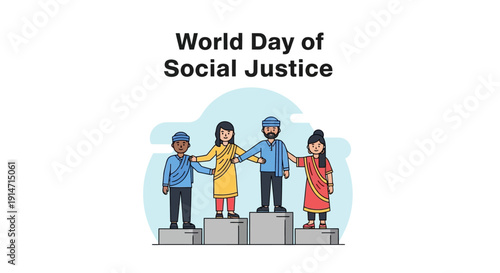 Diverse people from America and worldwide standing united on blocks in an illustration for International World Day of Social Justice